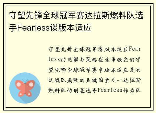 守望先锋全球冠军赛达拉斯燃料队选手Fearless谈版本适应