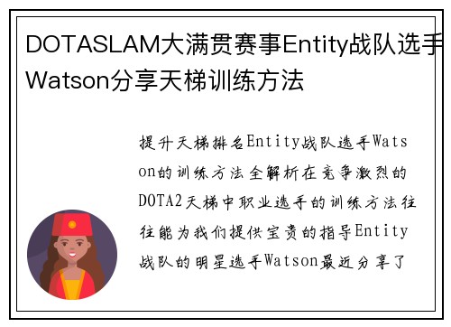 DOTASLAM大满贯赛事Entity战队选手Watson分享天梯训练方法