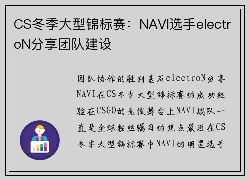 CS冬季大型锦标赛：NAVI选手electroN分享团队建设