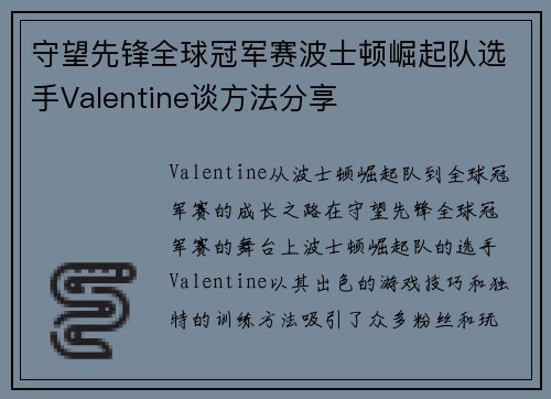 守望先锋全球冠军赛波士顿崛起队选手Valentine谈方法分享