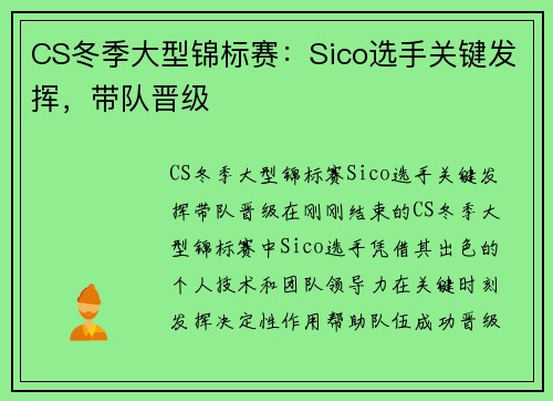 CS冬季大型锦标赛：Sico选手关键发挥，带队晋级